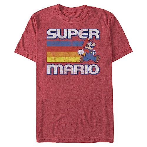 Nintendo Herren Super Mario Running Retro Stripe T-Shirt, Rot meliert, Klein von Nintendo