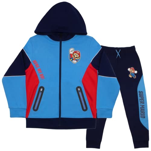 Nintendo Super Mario Jungen Kapuzenpullover und Jogginghose mit Reißverschluss, 2er-Pack, Mario Here We Go Jungen Kapuzen-Sweatshirt und aktive Sweatpants, Blau, 6-7 von Nintendo