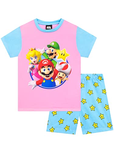 SUPER MARIO BROS Mädchen Schlafanzug kurz Langärmelige Nachtwäsche für Kinder 122 Rosa und Blau von Super Mario