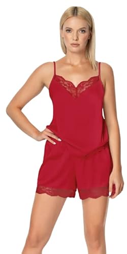 Nipplex Zora Satin Schlafanzug dezenter Glanz mit Spitzeneinsätzen Chic und Eleganz Sehr bequemes weiches strapazierfähiges Material Größe M Farbe Rot von Nipplex