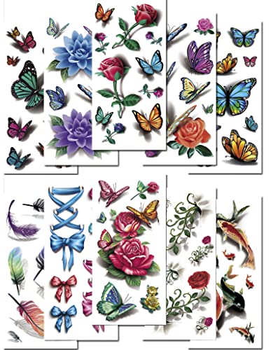 Nirbffo 3D Temporäre Tattoos Aufkleber Wassertransfer Rose Schmetterling Fische Krawatte Feder für Body Art Wasserdichte Temporäre Tätowierung für Mädchen Blume Tattoo 10 Blätter von Nirbffo