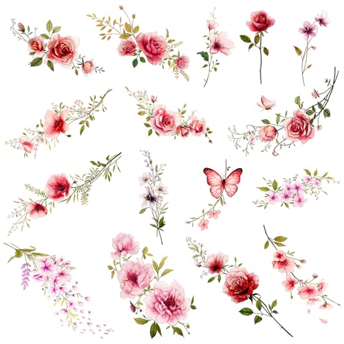 Nirbffo Blumen Temporäre Tattoos Aufkleber Rose Rote Blume für Frauen Körper Arm Kunst Gefälschte Körperkunst Fake Tattoos für Frauen Mädchen 16 Stück von Nirbffo