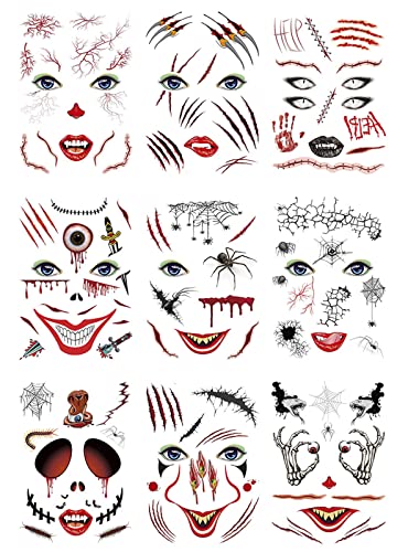 Nirbffo Gesicht Temporäre Tattoos Klinge Augapfel Zombie Narben 3D Wunden Tattoos Blutiges Gesicht Aufkleber Tätowierung Make-up Blutungen Gefälschte Aufkleber Tattoo für Halloween 9 Stück von Nirbffo