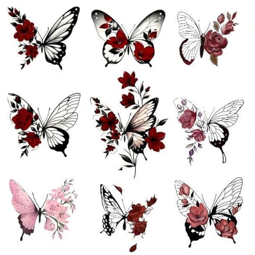 Nirbffo Temporäre Tattoo Rose Rote Schmetterling Blume für Frauen Körper Arm Kunst Gefälschte Wasserdichte Temporäre Tätowierung Arm Hand Brust Schulter Tattoo 9 Stück von Nirbffo
