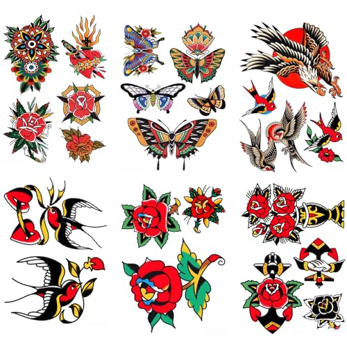 Nirbffo Vintage Tattoosticker Schmetterling Rose Schwalbe Tattoos Aufkleber transferierbare Tattooaufkleber 6 Blätter 11x15CM von Nirbffo