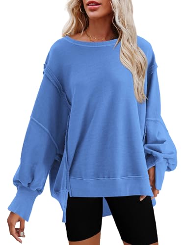 Nirovien Damen-Sweatshirt mit Rundhalsausschnitt, Seitenschlitz, langärmelig, lockere Passform, Blau, XL von Nirovien