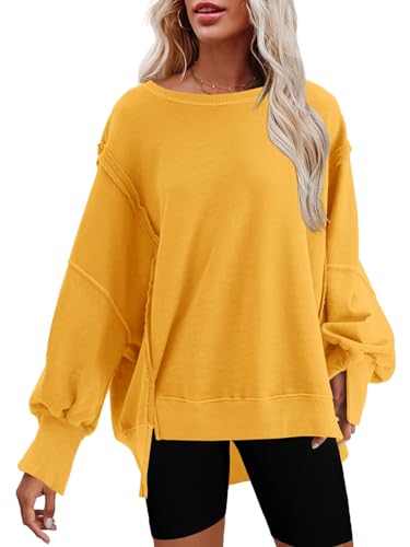 Nirovien Damen-Sweatshirt mit Rundhalsausschnitt, Seitenschlitz, langärmelig, lockere Passform, Ginger Yellow, Mittel von Nirovien