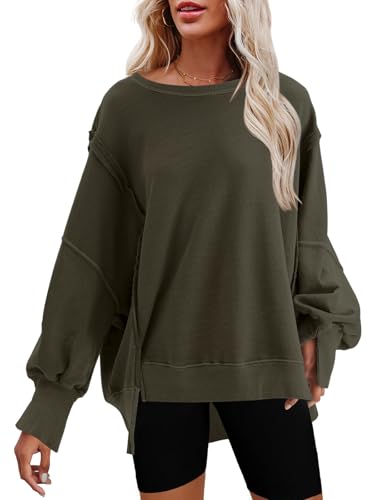 Nirovien Damen-Sweatshirt mit Rundhalsausschnitt, Seitenschlitz, langärmelig, lockere Passform, Grün (Army Green), M von Nirovien