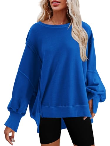 Nirovien Damen-Sweatshirt mit Rundhalsausschnitt, Seitenschlitz, langärmelig, lockere Passform, Klein Blau, M von Nirovien
