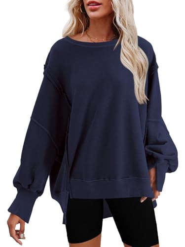 Nirovien Damen-Sweatshirt mit Rundhalsausschnitt, Seitenschlitz, langärmelig, lockere Passform, Marineblau, Groß von Nirovien