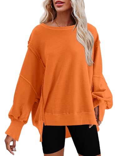 Nirovien Damen-Sweatshirt mit Rundhalsausschnitt, Seitenschlitz, langärmelig, lockere Passform, Orange/Abendrot im Zickzackmuster (Sunset Chevron), L von Nirovien