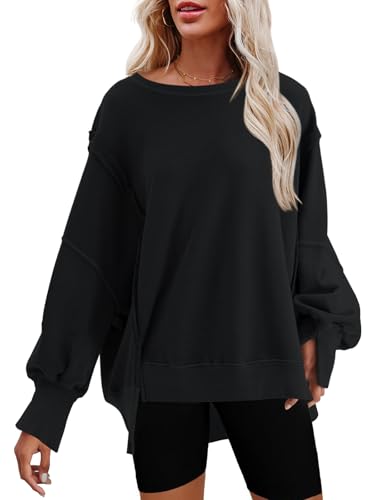 Nirovien Damen-Sweatshirt mit Rundhalsausschnitt, Seitenschlitz, langärmelig, lockere Passform, Schwarz, XXL von Nirovien