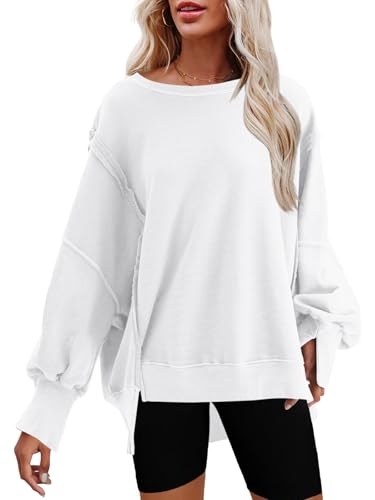 Nirovien Damen-Sweatshirt mit Rundhalsausschnitt, Seitenschlitz, langärmelig, lockere Passform, Weiss/opulenter Garten, L von Nirovien