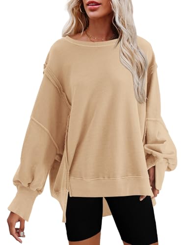 Nirovien Damen-Sweatshirt mit Rundhalsausschnitt, Seitenschlitz, langärmelig, lockere Passform, Aprikosengelb, Mittel von Nirovien