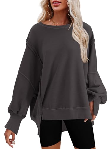 Nirovien Damen-Sweatshirt mit Rundhalsausschnitt, Seitenschlitz, langärmelig, lockere Passform, grau dunkel, L von Nirovien