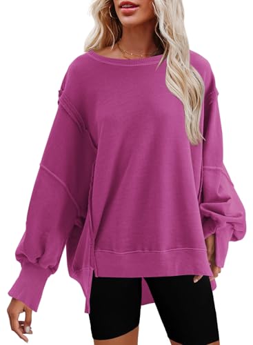 Nirovien Damen-Sweatshirt mit Rundhalsausschnitt, Seitenschlitz, langärmelig, lockere Passform, hellviolett, S von Nirovien