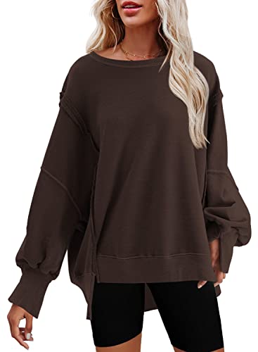 Nirovien Damen-Sweatshirt mit Rundhalsausschnitt, Seitenschlitz, langärmelig, lockere Passform, kaffeebraun, S von Nirovien