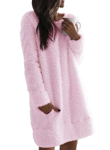 Nirovien Langer Sherpa-Pullover für Damen, mit Farbblock, flauschiger Fleece-Tunika, Sweatshirt-Kleid, Übergröße, flauschiger Mantel mit Tasche - Pink - X-Groß von Nirovien