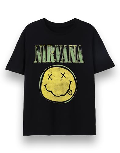 Nirvana Herren T-Shirt | Kurzarm-Grafik-T-Shirt für Erwachsene in Schwarz | Klassisches Grunge Abgenutzt Grün Band Logo Aufdruck & Gesicht Bekleidungs Oberteil | Vintage Rockband Merchandise Geschenk von Nirvana