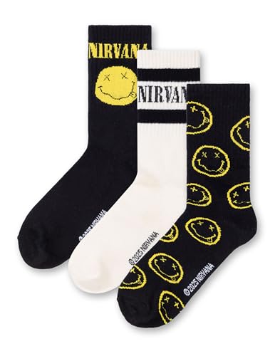 Nirvana Herren-Wadensocken in Schwarz, Weiß und Gelb, 3er-Set | Klassisches Logo, 3er-Pack mit Smiling-Design | Socken für den Alltag | Musikband-Merchandise Merchandise von Nirvana