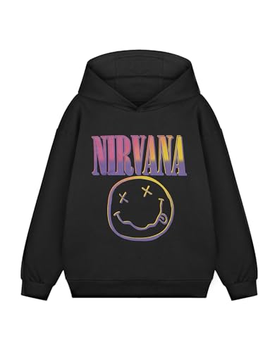 Nirvana Langarmshirt mit Kapuze für Kinder | Schwarzer mehrfarbiger Text-Pullover mit Musikband-Logo | Klassisches Band-Merchandise | Lässiges Grafik-T-Shirt für Unisex-Kinder von Nirvana