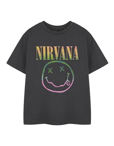 Nirvana Regenbogen Kinder T-Shirt | Graues Regenbogen-Logo-Grafik-T-Shirt | Kurzarm-Unisex-Shirt für Kinder | Rockband-Merchandise | Jugend-Grunge-Mode-Top für Kinder und Jugendliche von Nirvana