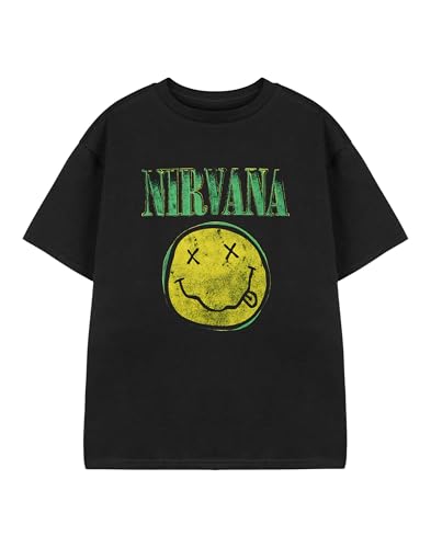 Nirvana Schwarzes Kurzarm-T-Shirt für Kinder | Gelbes Logo-Grafik-T-Shirt für Kinder | Grunge-Musikband Unisex-Bekleidung für Teenager | Jugend-Top im Vintage-Stil | Rock-Merchandise-Geschenk von Nirvana