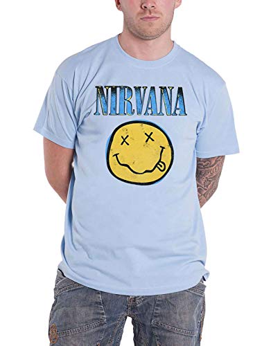 Nirvana T Shirt Smile Blau Band Logo Nue offiziell Herren Light Blau L von Nirvana