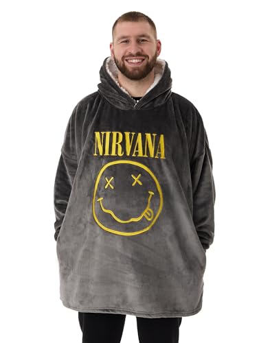 Nirvana Tragbarer Decken-Hoodie für Herren | Grauer Kapuzenpullover für Erwachsene Logo-Gesichtsgrafikdruck | Rockband-Loungewear in Einheitsgröße mit Sherpa-Futter von Nirvana