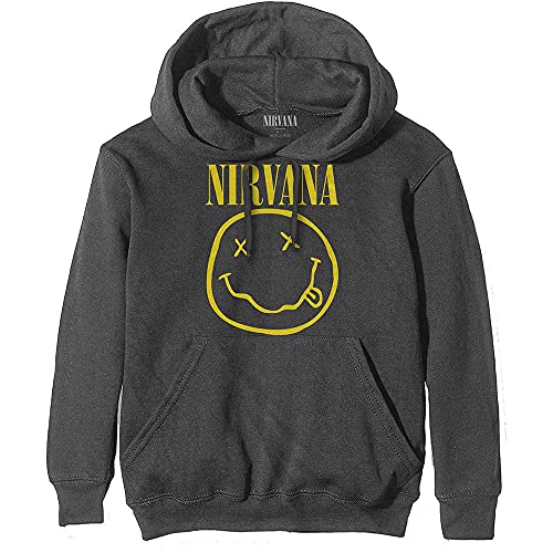 Rocks-off Nirvana Kapuzenpullover Gelb Smiley Band Logo Nue offiziell Herren Charcoal Grau von Nirvana