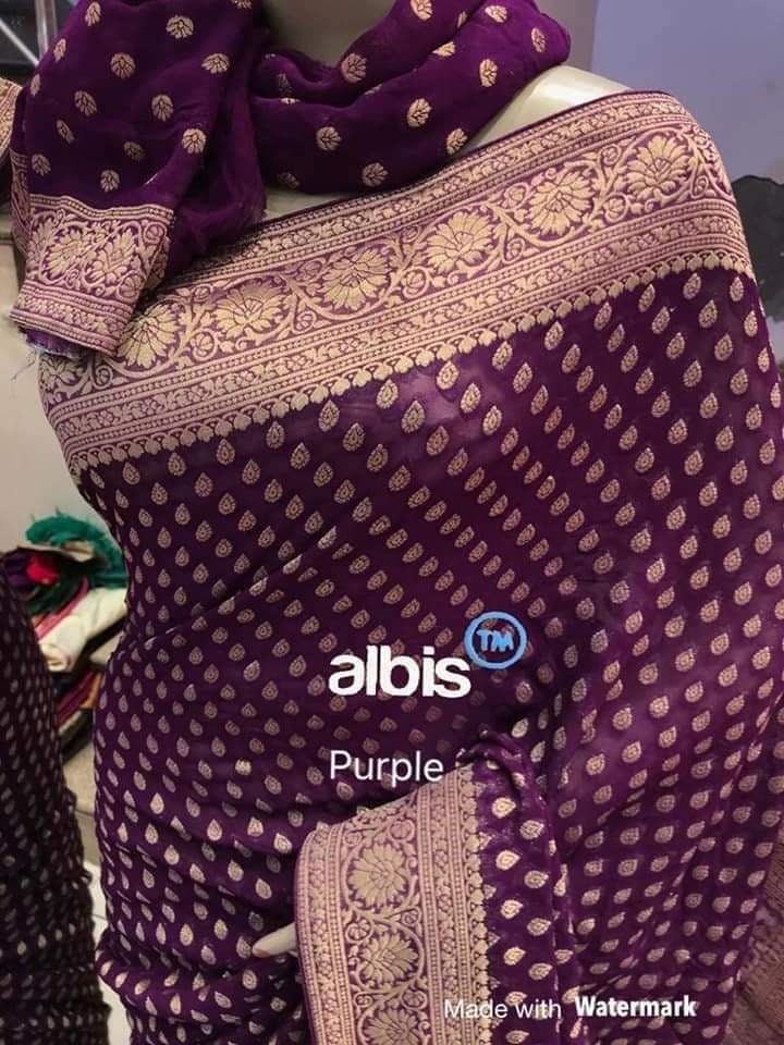 Banarasi Pure Georgette Seide Saree | Lila Handwebstuhl Zari Zertifiziertes Seidenzeichen Sari Festliche Hochzeitskleidung Nisa Stoffe Handgewebt von NisaFabrics