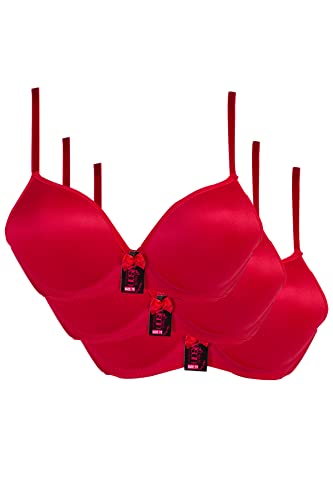 3er-Pack, Damen Klassischer Weicher Schalen Bügel-T-Shirt-BH, in vielen Farben und Größen mit oder ohne Push-up Effect. Bitte kaufen Sie Zwei Nummern größer, Farbe:Rot (mit Push-Up), Größe:85B von Nisan