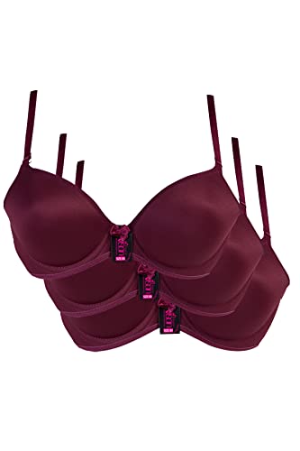 3er-Pack, Damen Klassischer Weicher Schalen Bügel-T-Shirt-BH, in vielen Farben und Größen mit oder ohne Push-up Effect. Bitte kaufen Sie Zwei Nummern größer, Farbe:Weinrot (mit Push-Up), Größe:80B von Nisan