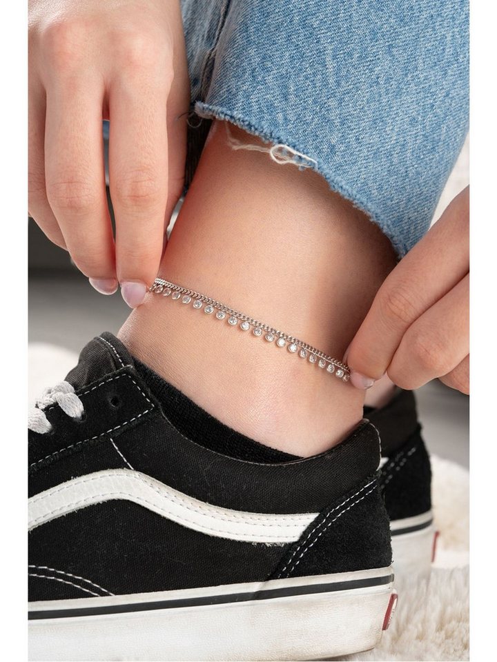 Nisan Fußkette und Zehenring Set, Silber Fußkettchen, Gourmet-Kettchen mit funkelnden Zirkonia-Steinen von Nisan