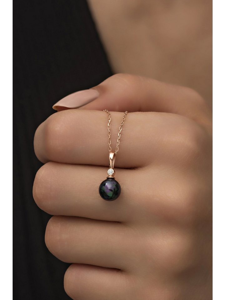 Nisan Kette und Anhänger Set, 925 Silber Damen-Halskette – Schwarze Barock-Perle mit Zirkonia von Nisan