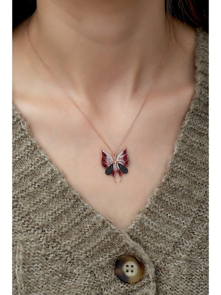 Nisan Kette und Anhänger Set, 925 Sterling Silber Damen-Halskette – Roter Schmetterling mit Zirkonia von Nisan
