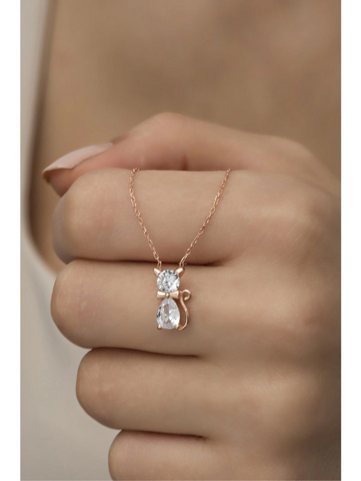 Nisan Kette und Anhänger Set, 925er Silber Halskette Katze mit Zirkonia, rosévergoldet von Nisan