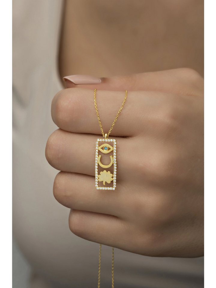 Nisan Kette und Anhänger Set, 925er Silber Halskette in Gold-Optik mit Glückssymbolen und Zirkonia von Nisan