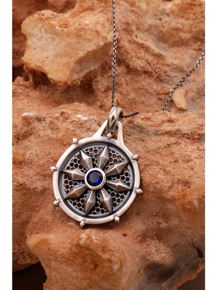 Nisan Kette und Anhänger Set, Antikes Kompass-Design mit Saphir – 925 Silber Herren- und Damenkette von Nisan