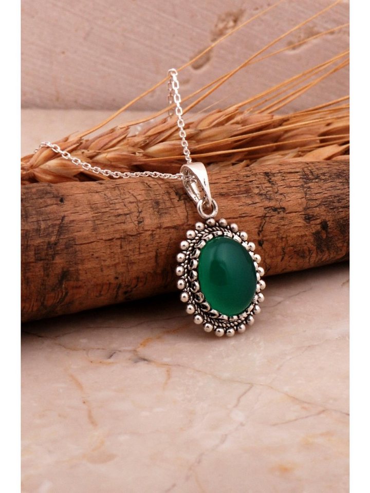 Nisan Kette und Anhänger Set, Oval Silberkette mit Grünem Achat – Handgefertigtes Telkari-Design von Nisan
