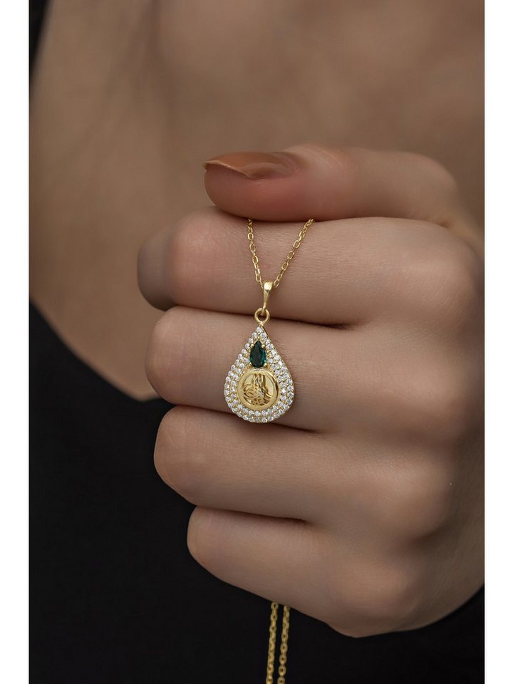 Nisan Kette und Anhänger Set, Silber Halskette, Gold vergoldeter Osmanischer Tughra Anhänger, Zirkon von Nisan