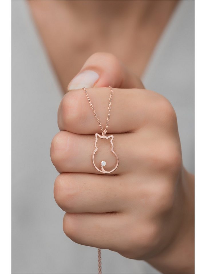 Nisan Kette und Anhänger Set, Silber Halskette mit Katzen-Anhänger – Roségold mit Zirkonia von Nisan