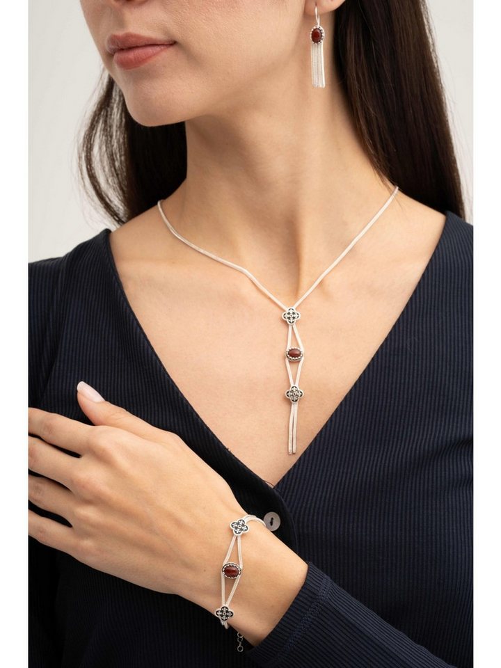 Nisan Kette und Anhänger Set, Silber Schmuckset Damen, Handarbeit mit rotem Achat & Kleeblatt-Design von Nisan