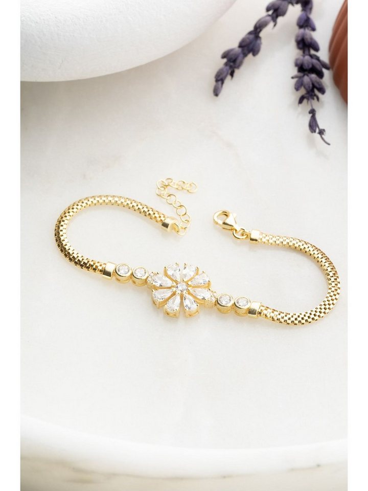 Nisan Ketten und Armband Set, 925 Silber Damen Armband – Gold vergoldet mit Zirkonia & Blumen-Motiv von Nisan