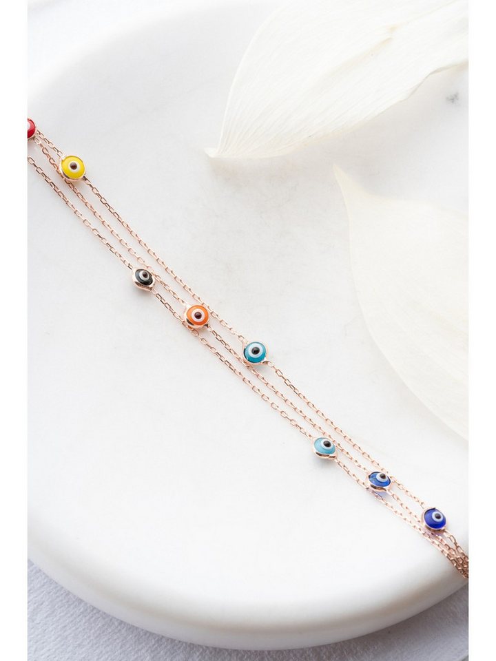 Nisan Ketten und Armband Set, 925 Silber Damenarmband – Rosévergoldet, 3-reihig, bunten Nazar-Augen von Nisan