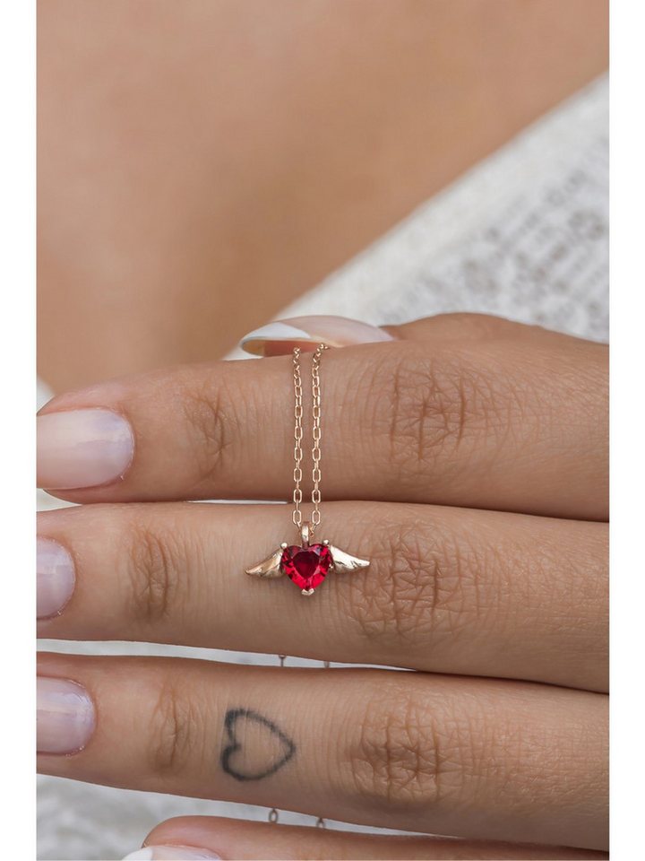 Nisan Ketten und Armband Set, 925 Sterling Silber Halskette – Roter Herz Anhänger mit Flügeln von Nisan