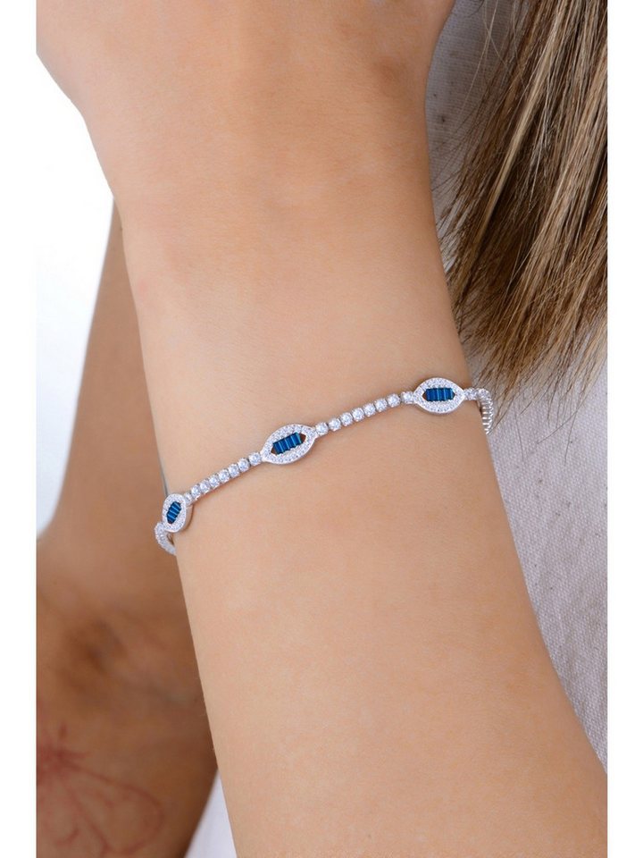 Nisan Ketten und Armband Set, 925 Sterling Silber Rhodiniertes Tennisarmband, Saphirblauen Baguette von Nisan