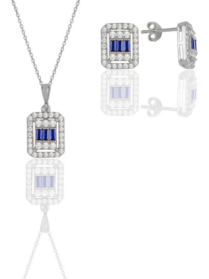Nisan Ketten und Armband Set, 925 Sterling Silber Weißgold-Rhodiniertes Schmuckset, Saphir-Baguette von Nisan