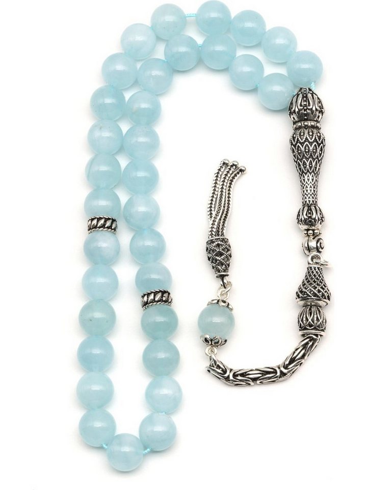 Nisan Ketten und Armband Set, Aquamarin Naturstein Gebetskette 33 Perlen, Kugelform mit 925er Silber von Nisan