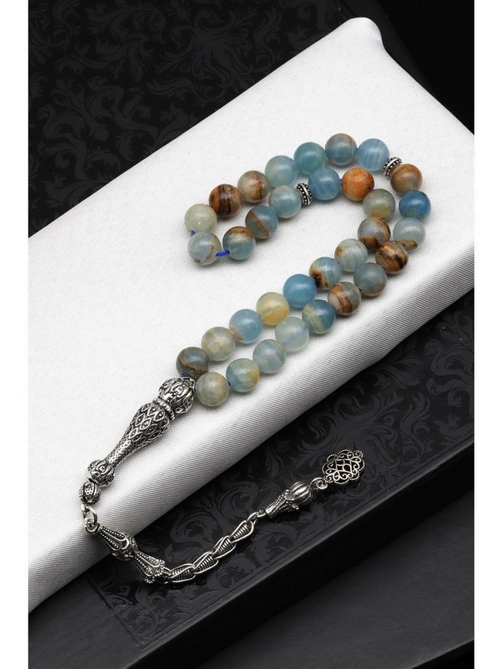 Nisan Ketten und Armband Set, Blauer Calcit Gebetskette 8 mm Rundschliff, mit 925er Silberverzierung von Nisan